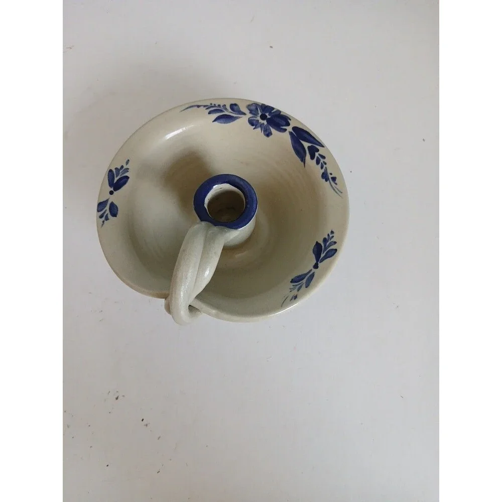 Vtg Williamsburg Pottery Salt Glazed Blue Stencil  Crock Candlestick Holder